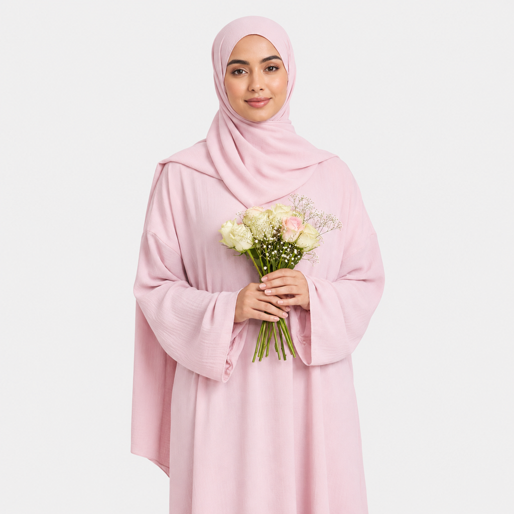 Closed Front Zip Abaya with Hijab – Baby Pink