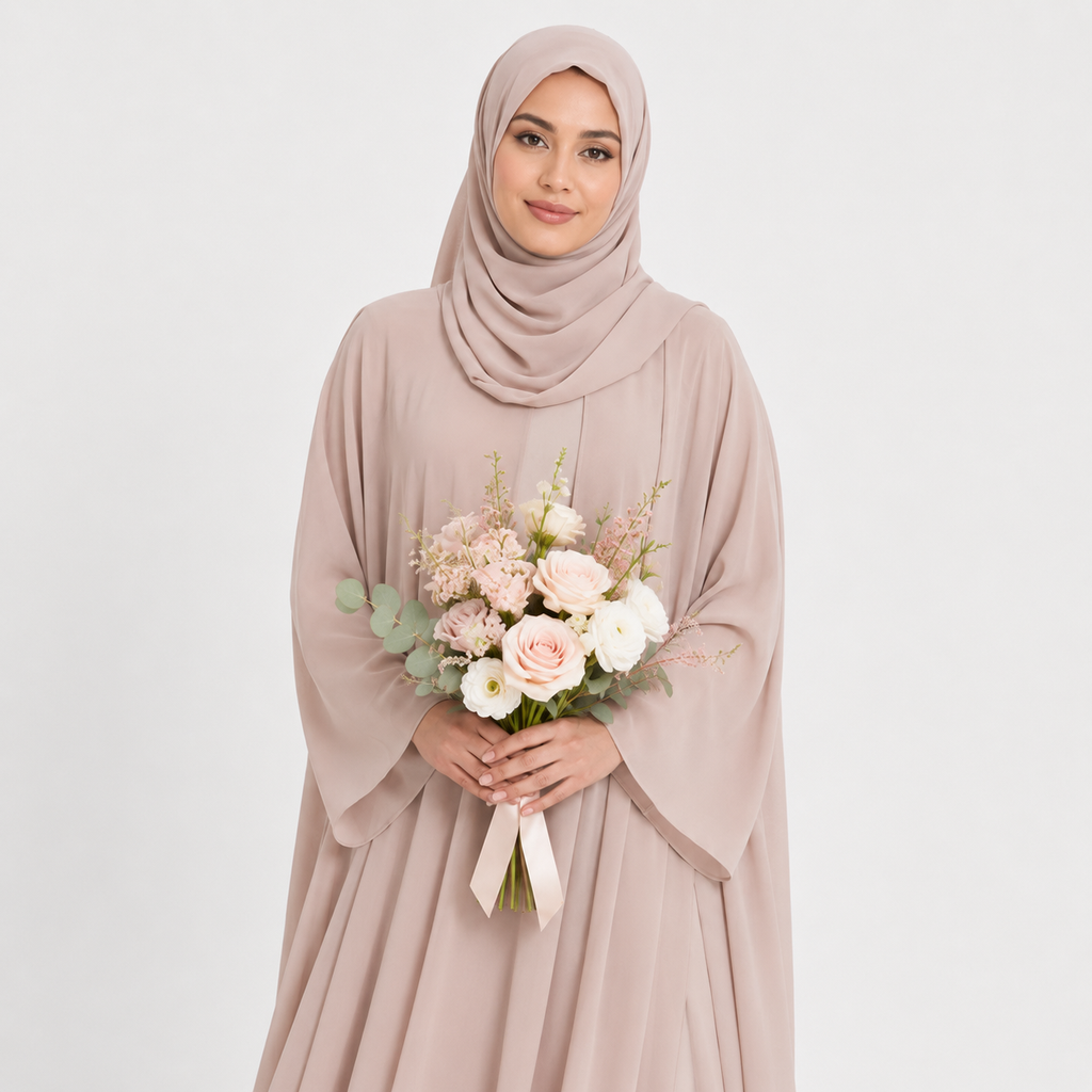 Closed Butterfly Cut Overlay Abaya – Dirty Beige