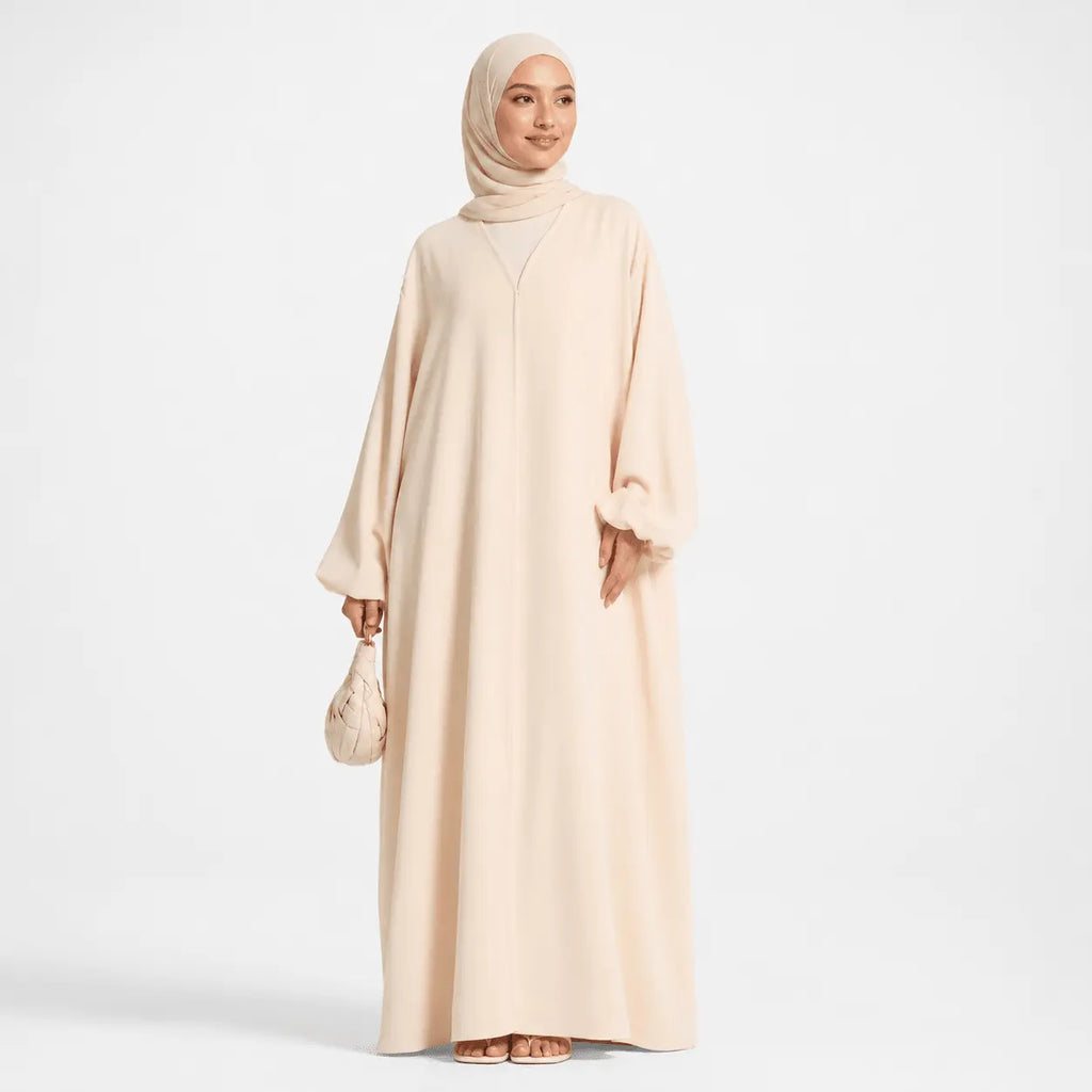 Beige Balloon Sleeve Abaya with Front Snap Buttons - Mahara Atelier