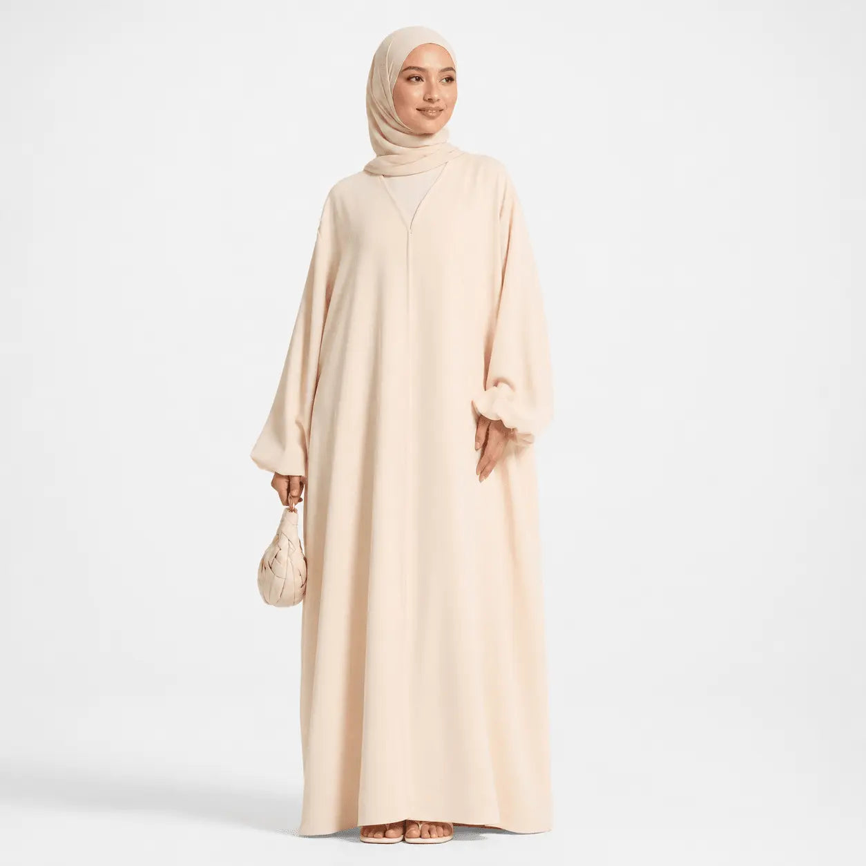 Beige Balloon Sleeve Abaya with Front Snap Buttons - Mahara Atelier