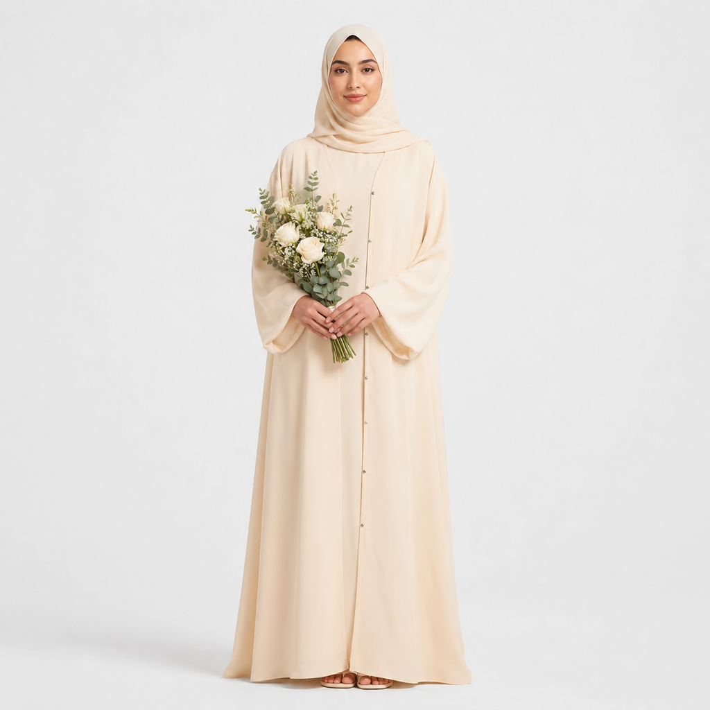 Woman in a beige abaya holding flowers on a white background