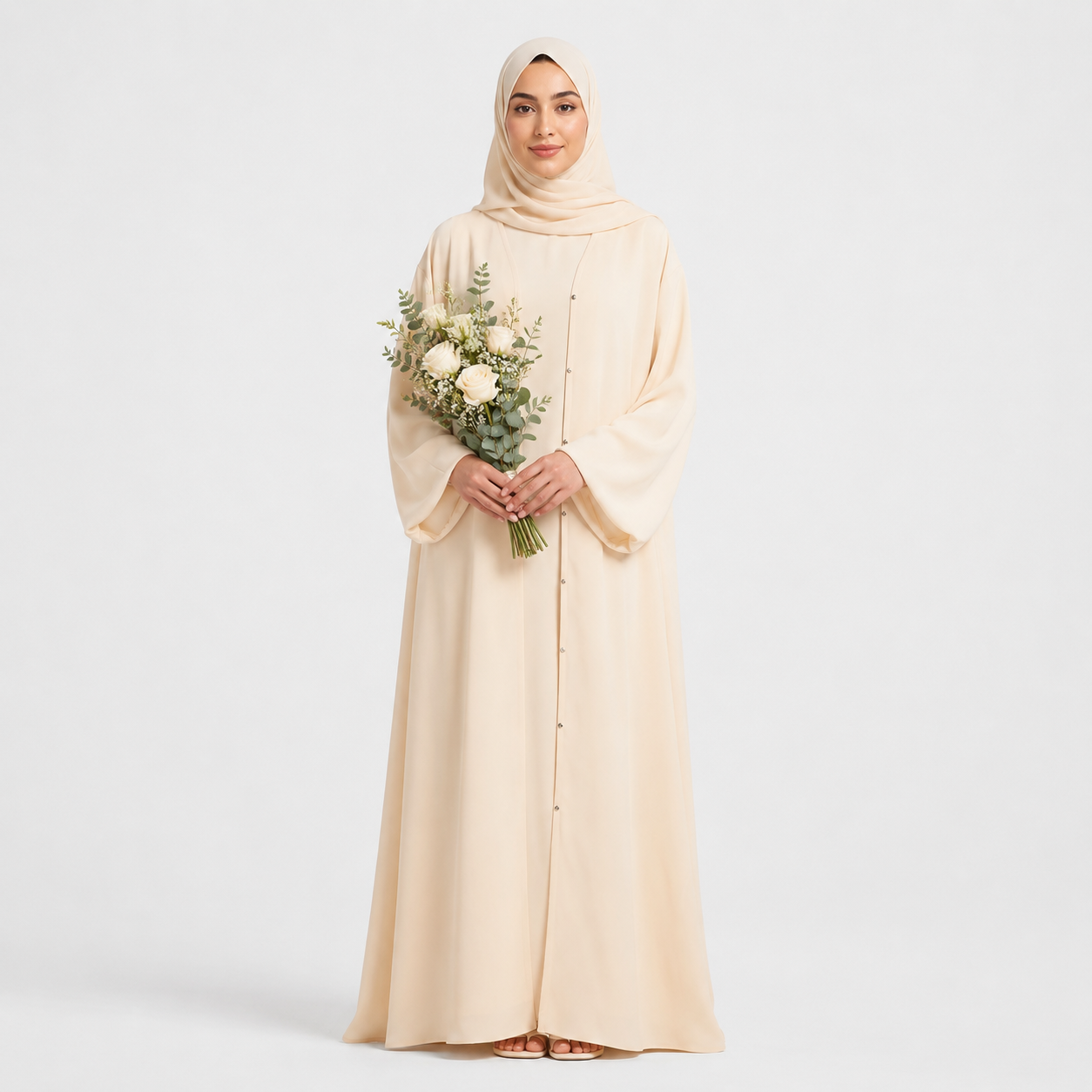 Woman in a beige abaya holding flowers on a white background