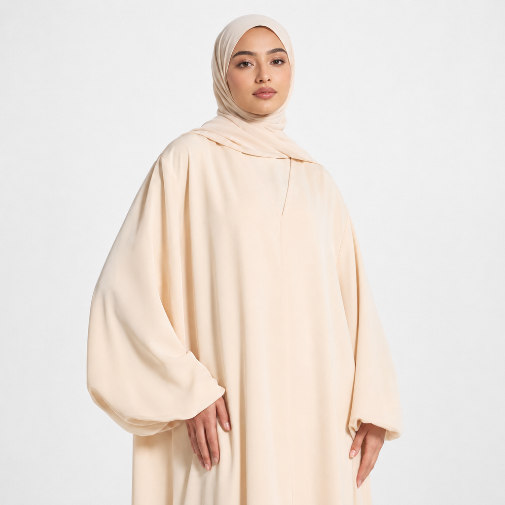 Beige Balloon Sleeve Abaya with Front Snap Buttons