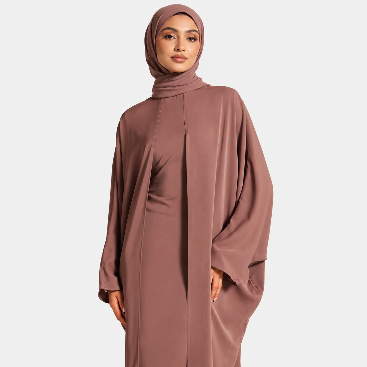 Light Brown Satin Maxi Dress with Flare Sleeves