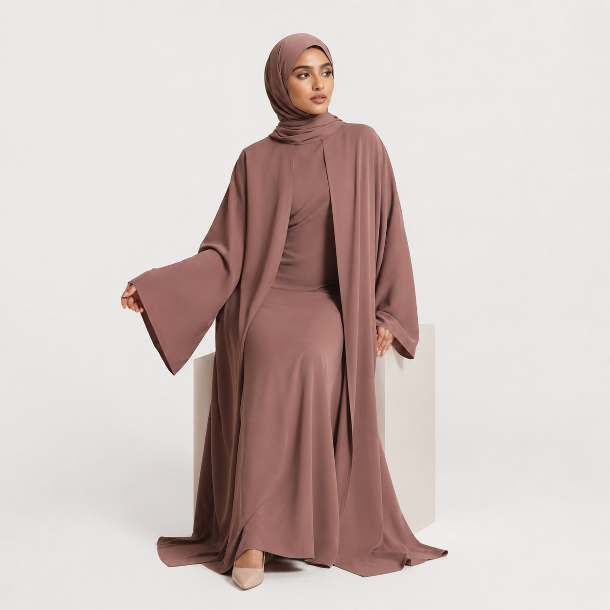 Light Brown Satin Maxi Dress with Flare Sleeves