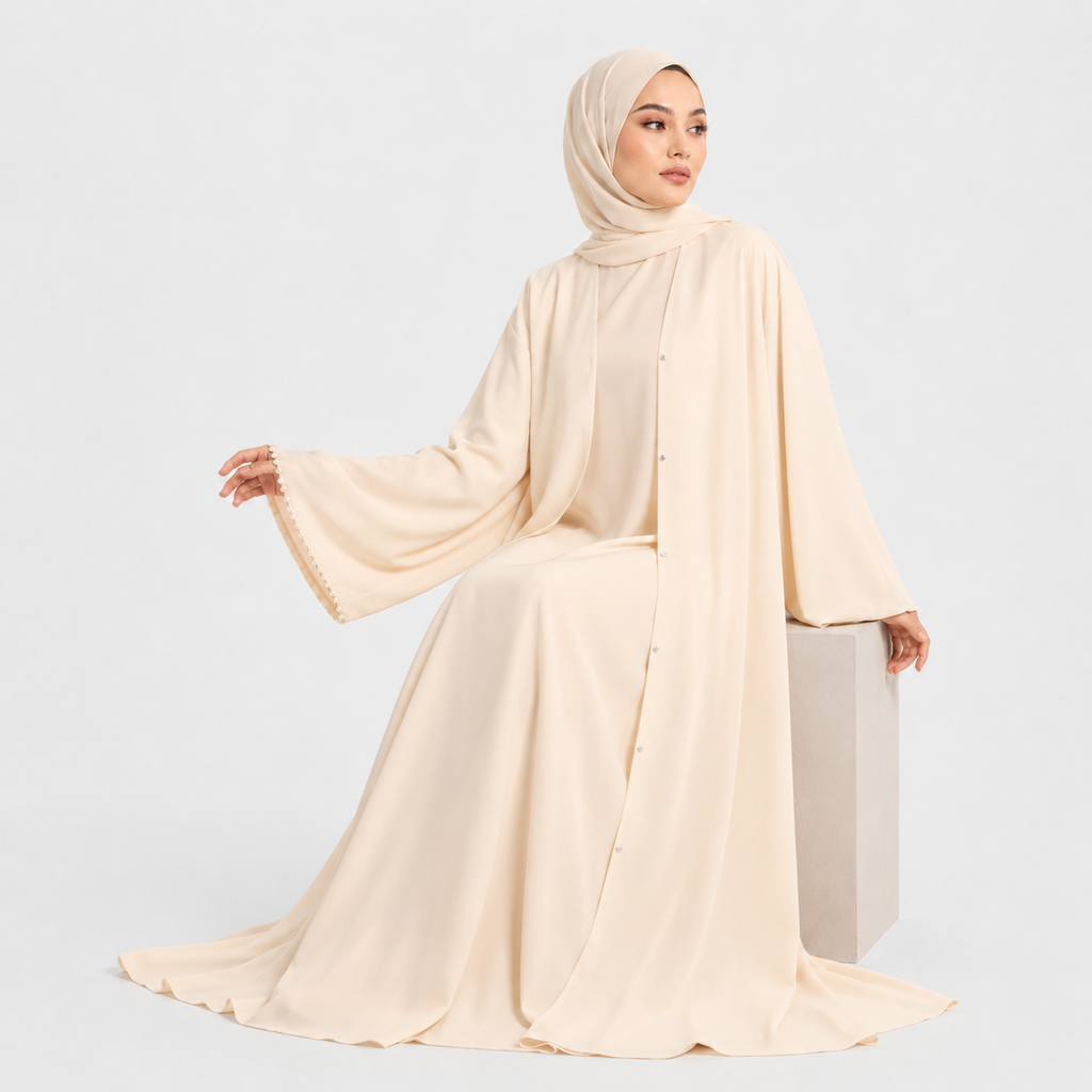 Beige Balloon Sleeve Abaya with Front Snap Buttons