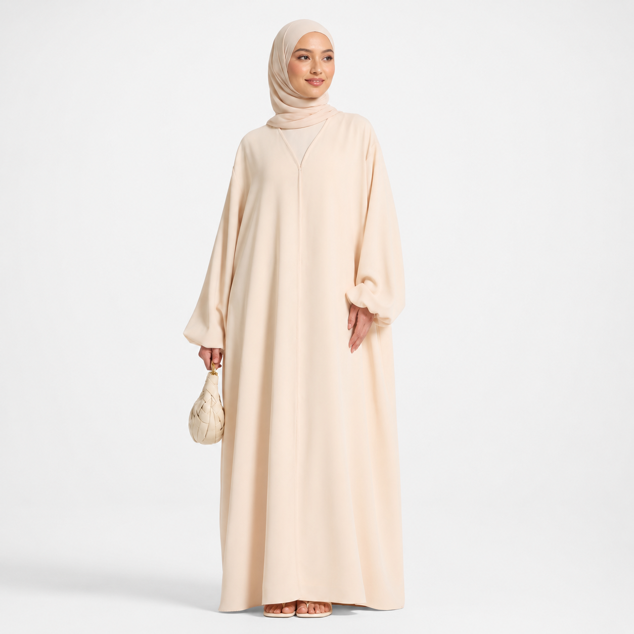 Beige Balloon Sleeve Abaya with Front Snap Buttons