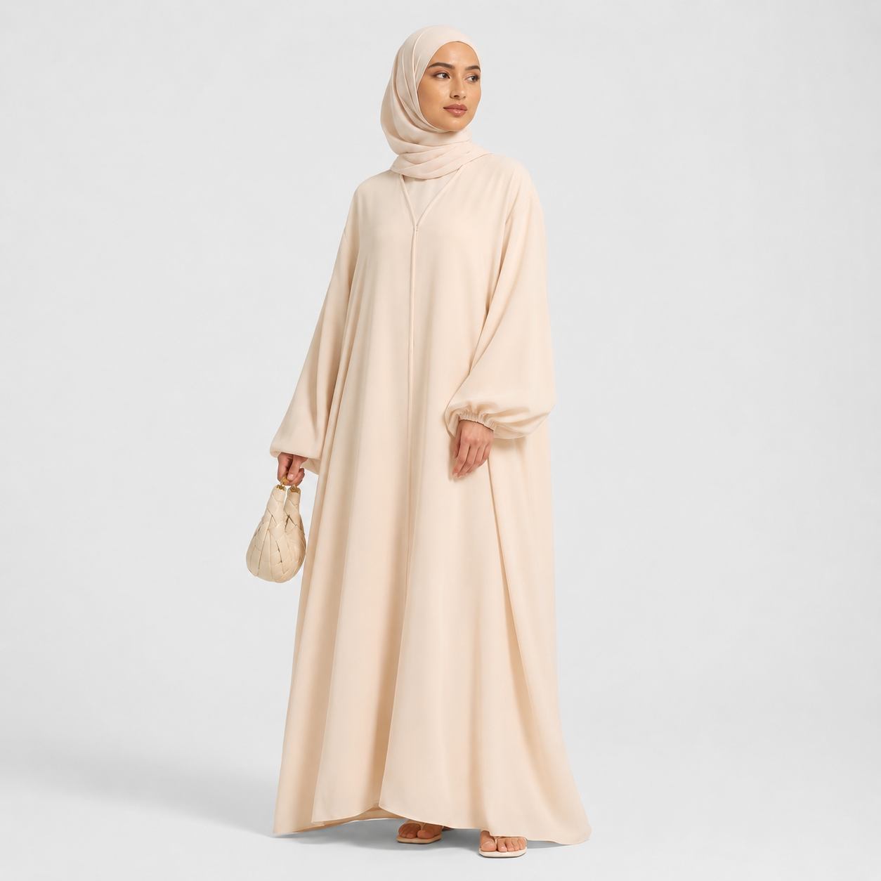 Beige Balloon Sleeve Abaya with Front Snap Buttons