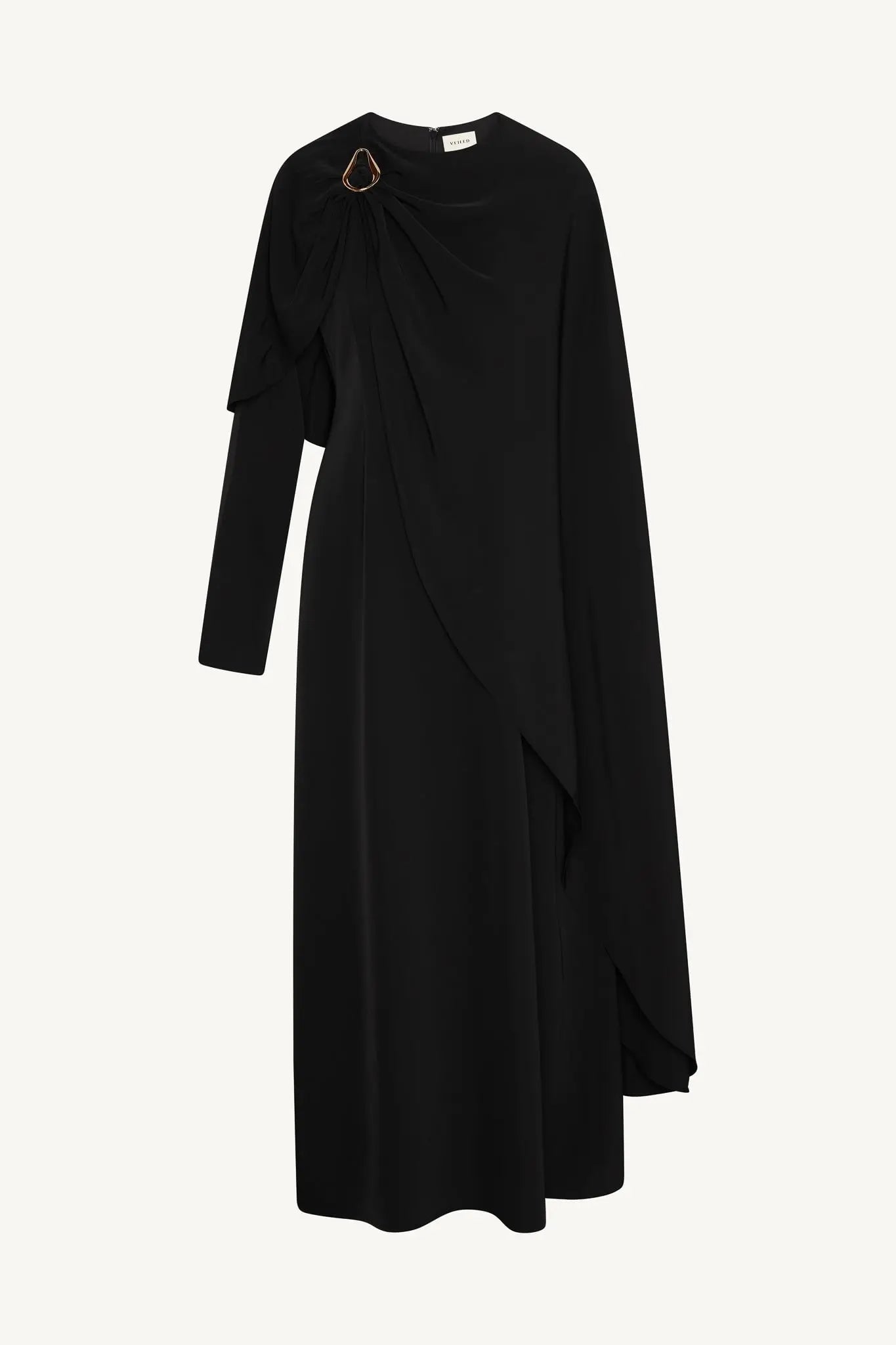 Black dress with a draped design on a white background