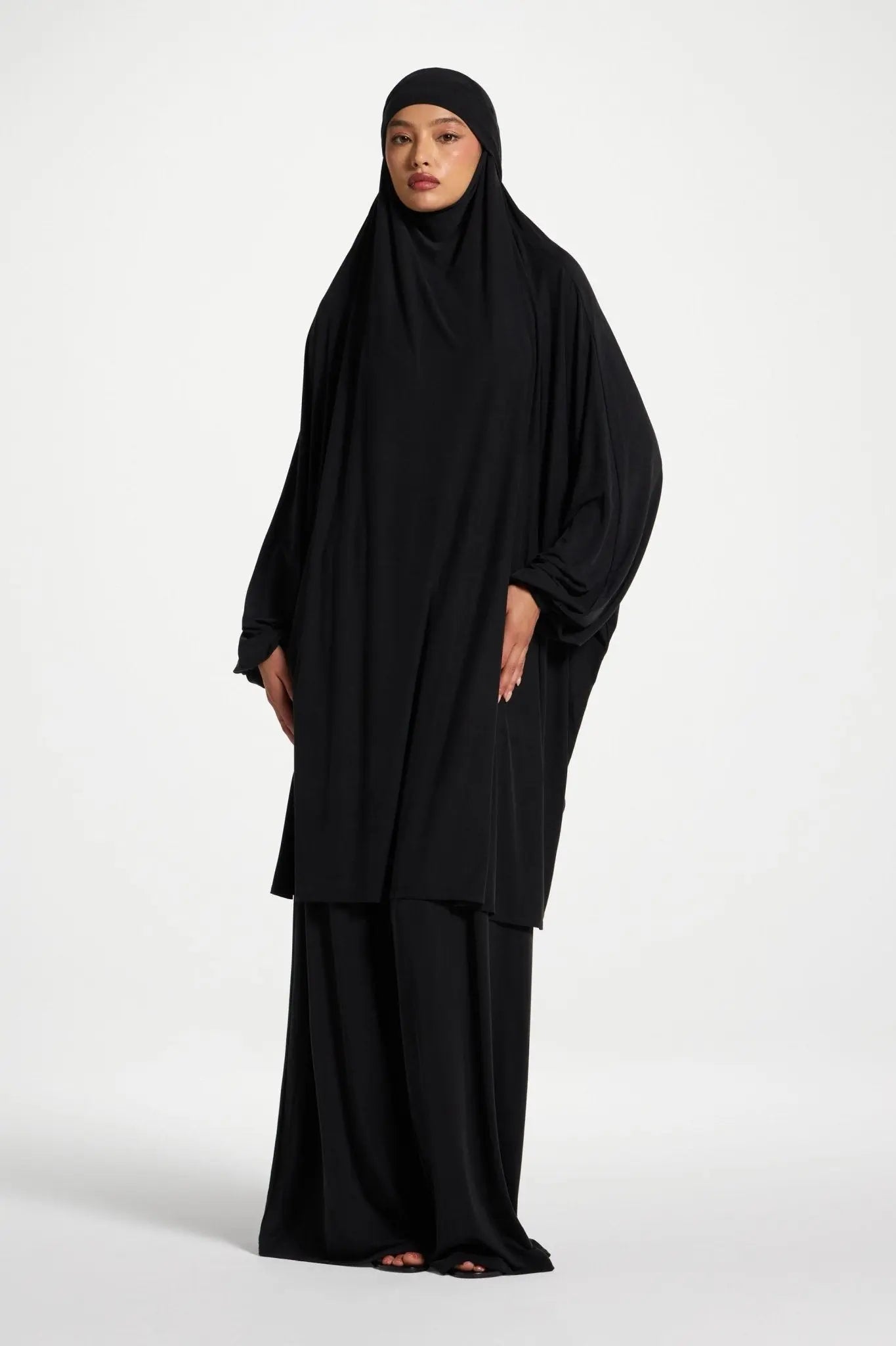 Black Jersey Prayer Set with Wide Leg Palazzo Pants - Mahara Atelier