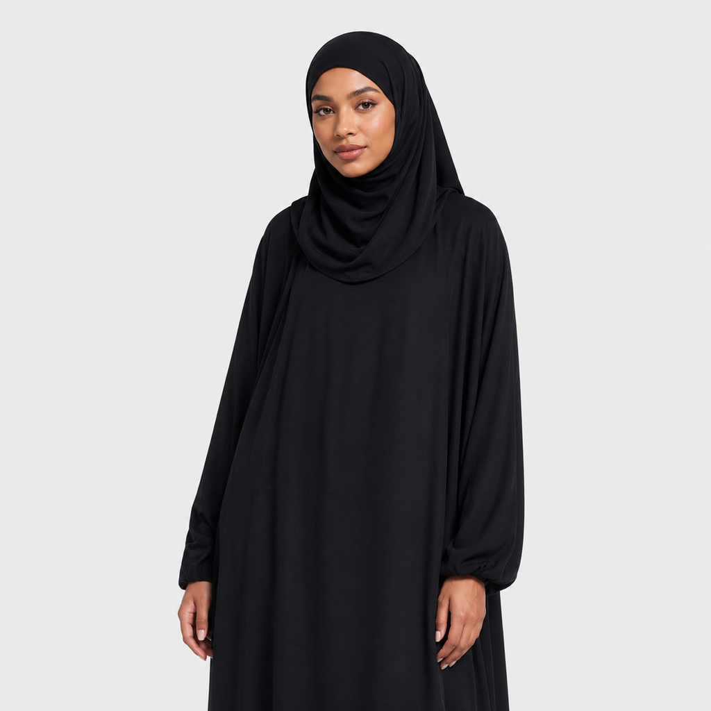 Black Jersey Prayer Jilbab with Balloon Sleeves