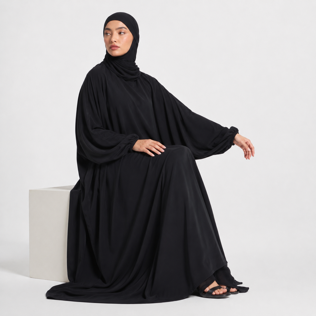 Black Jersey Prayer Jilbab with Balloon Sleeves