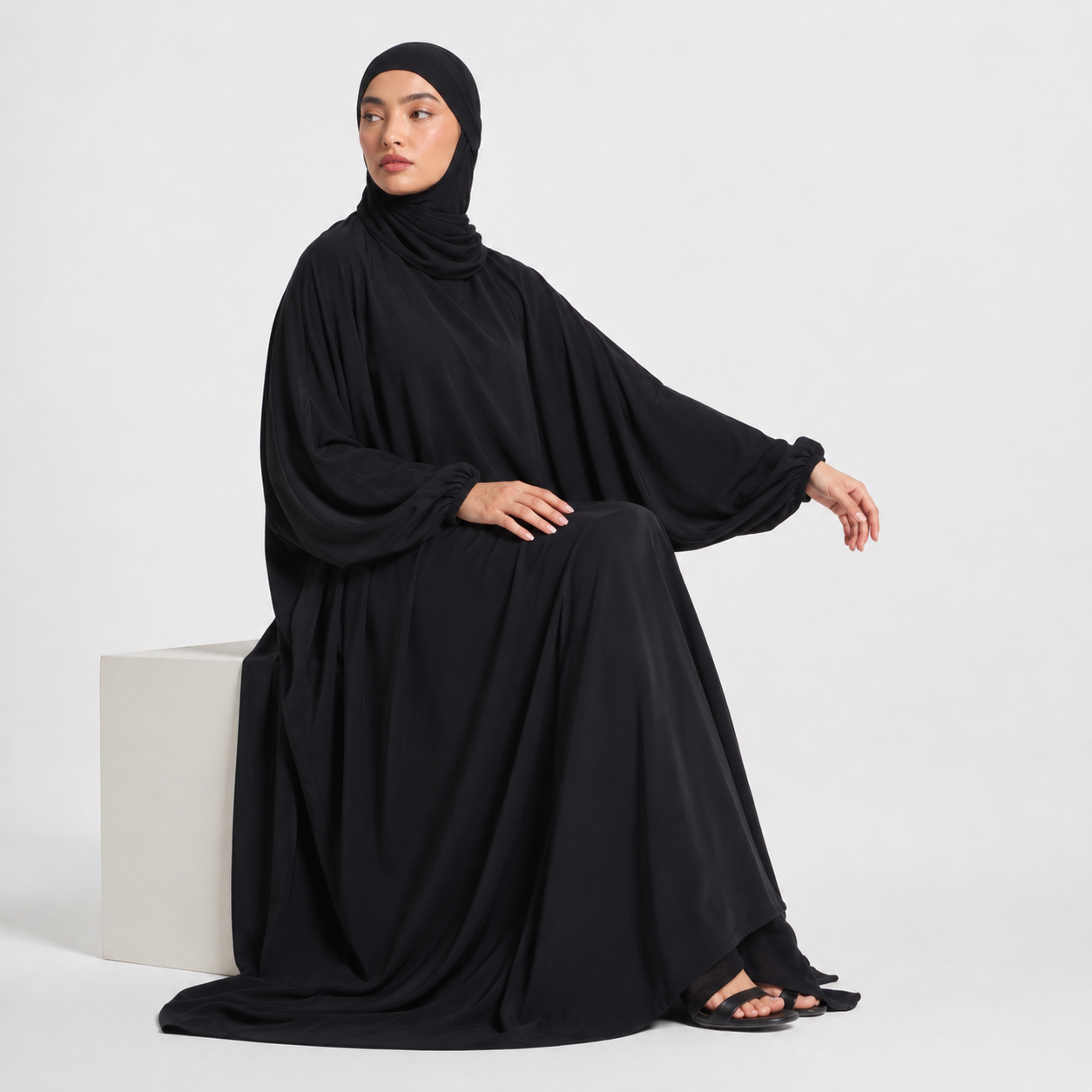 Black Jersey Prayer Jilbab with Balloon Sleeves