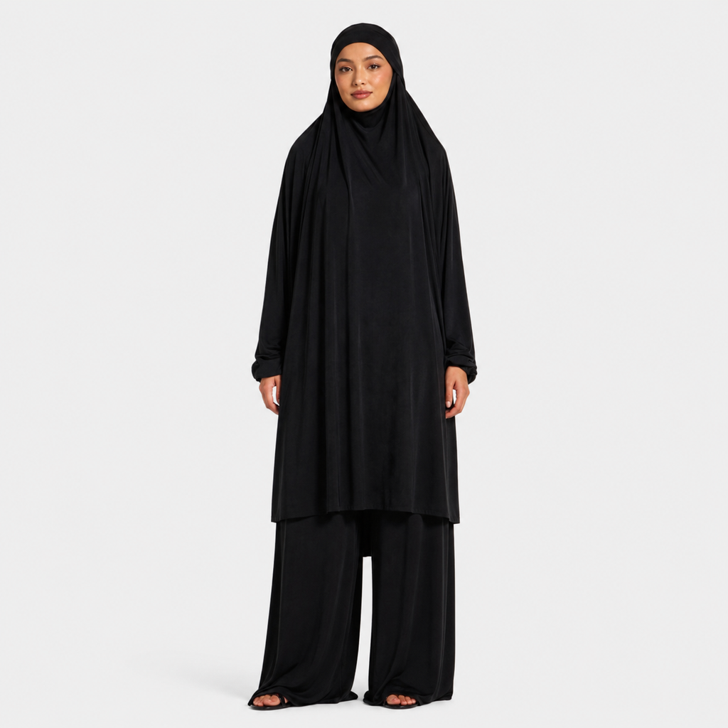 Black Jersey Prayer Set with Wide Leg Palazzo Pants