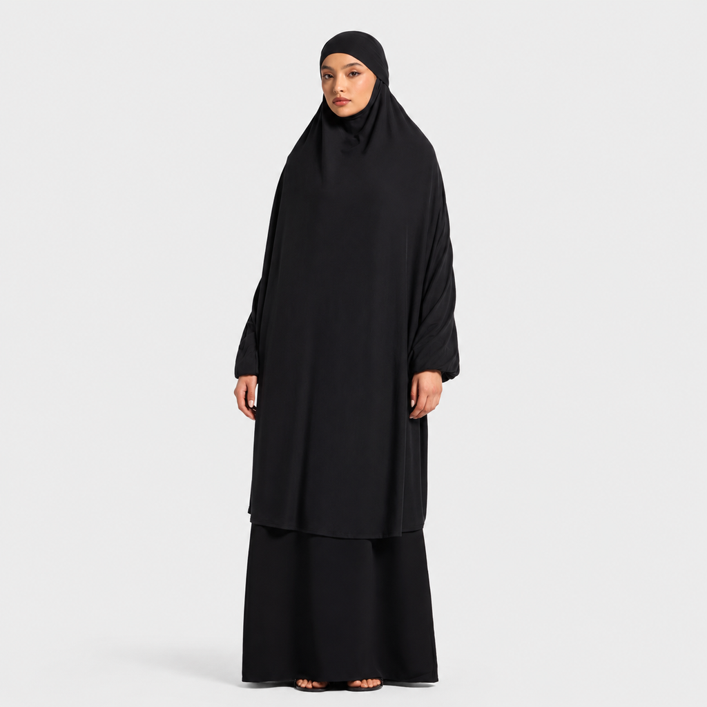 Black Jersey Prayer Jilbab with Balloon Sleeves