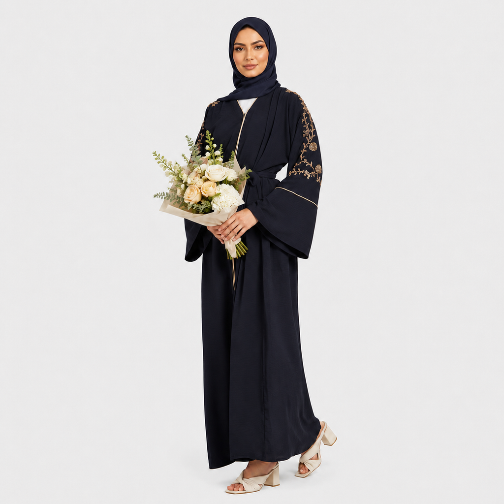 Navy Open Abaya with Contrast Slit Cuffs