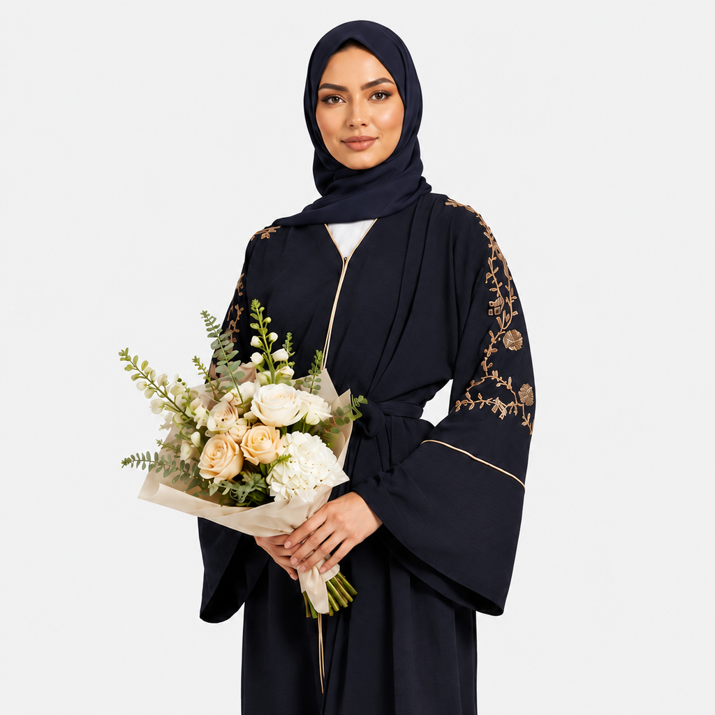 Navy Open Abaya with Contrast Slit Cuffs