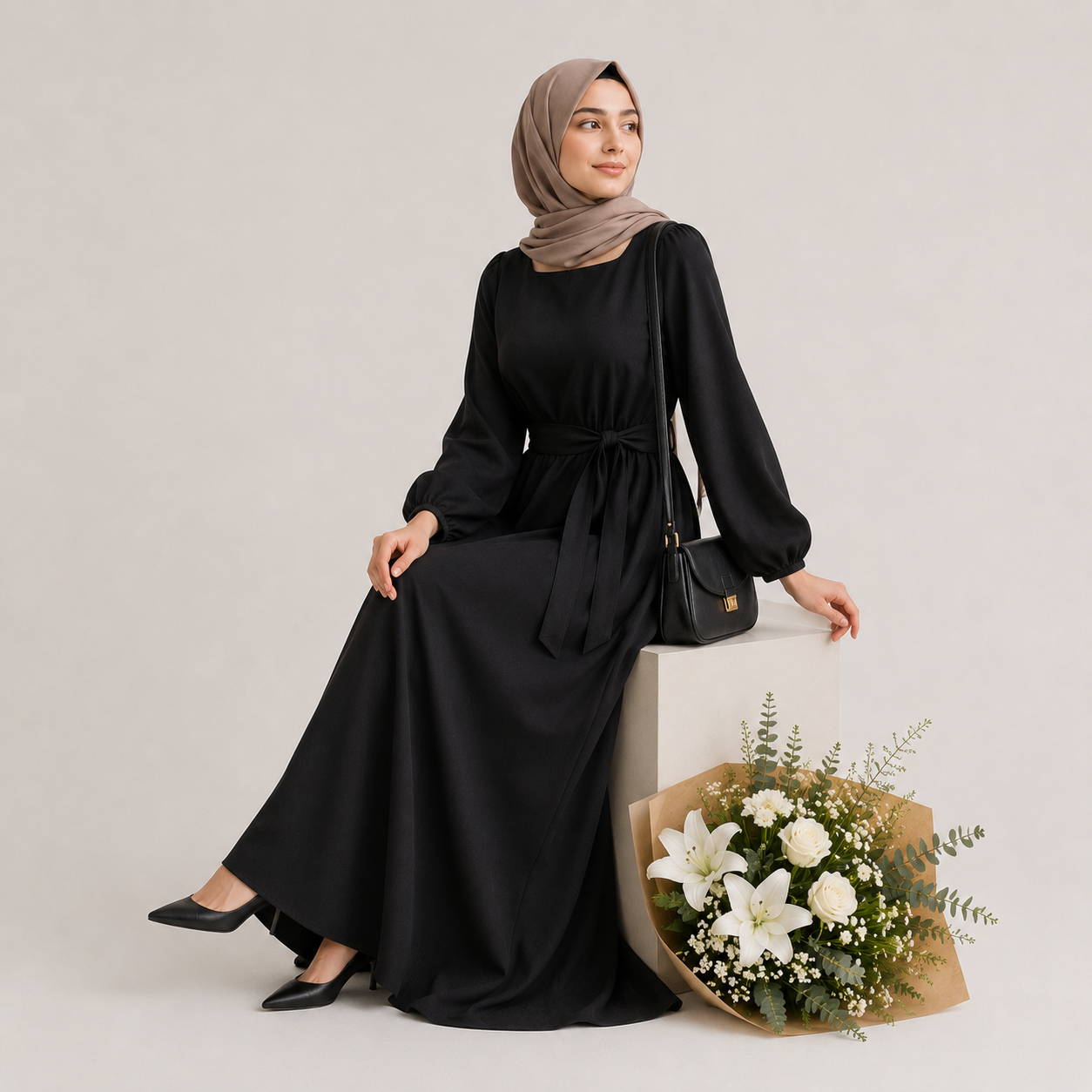 A woman wearing a long black abaya dress with a matching hijab sits on a white pedestal next to a bouquet of white flowers. She is wearing a black shoulder bag and black pointed-toe flats against a light gray studio background.