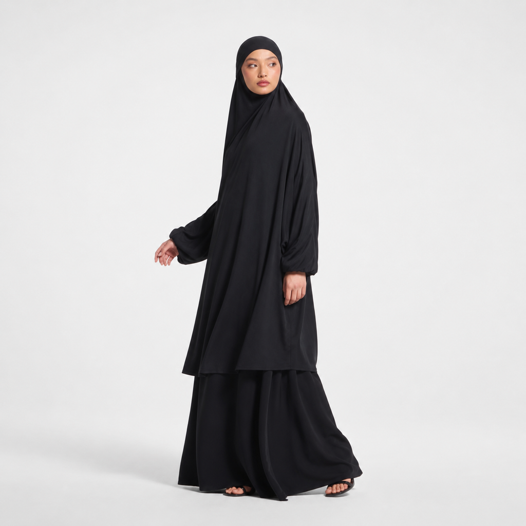 Black Jersey Prayer Jilbab with Balloon Sleeves