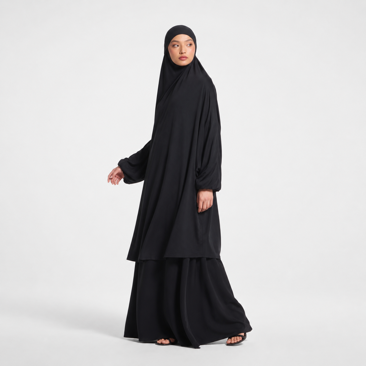Black Jersey Prayer Jilbab with Balloon Sleeves