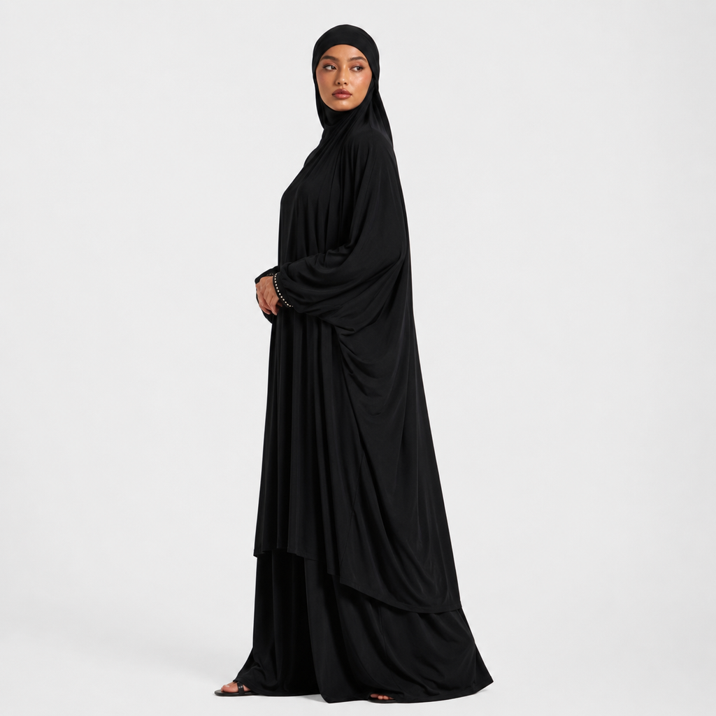Black Jersey Prayer Set with Wide Leg Palazzo Pants
