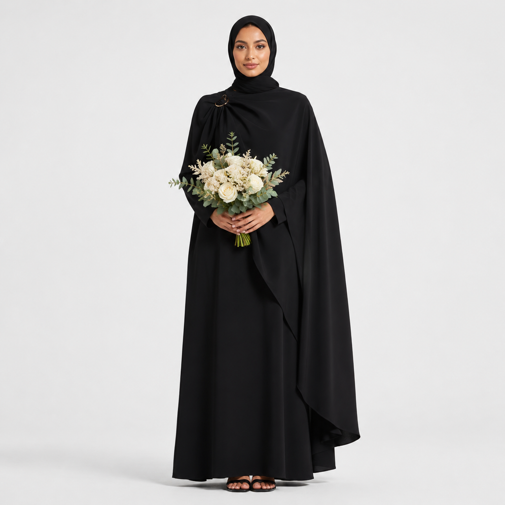 Woman in a black abaya holding a bouquet of flowers on a white background