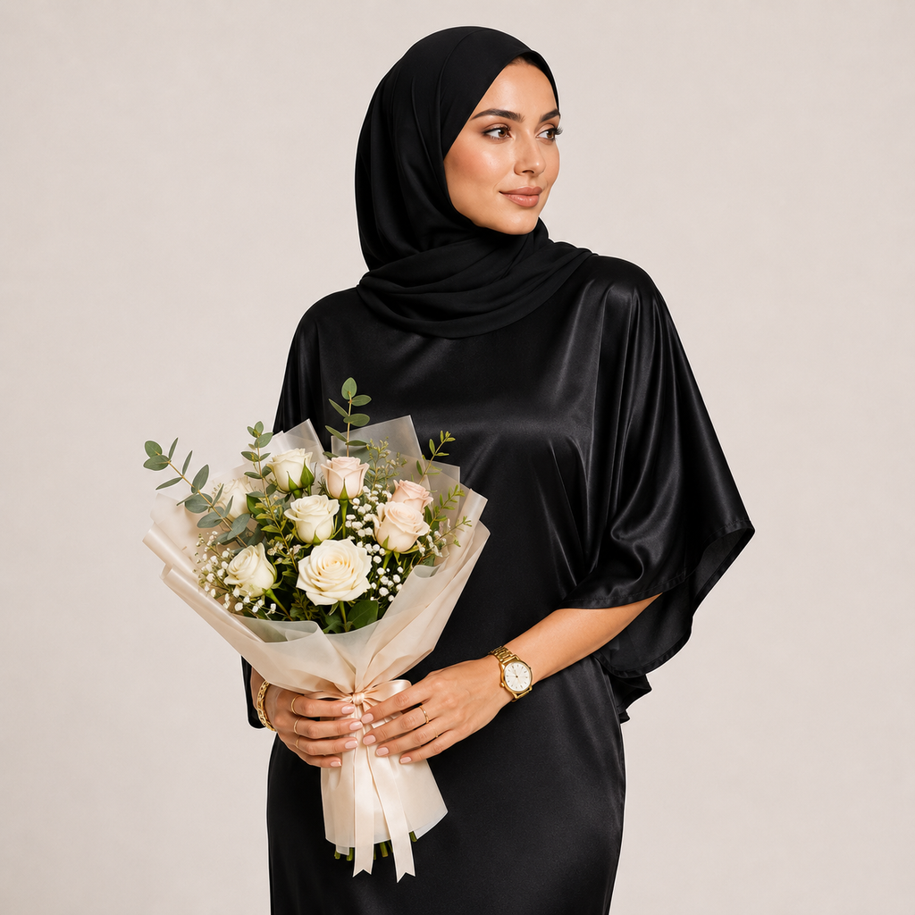 Woman in a black hijab and dress holding a bouquet of flowers against a plain background
