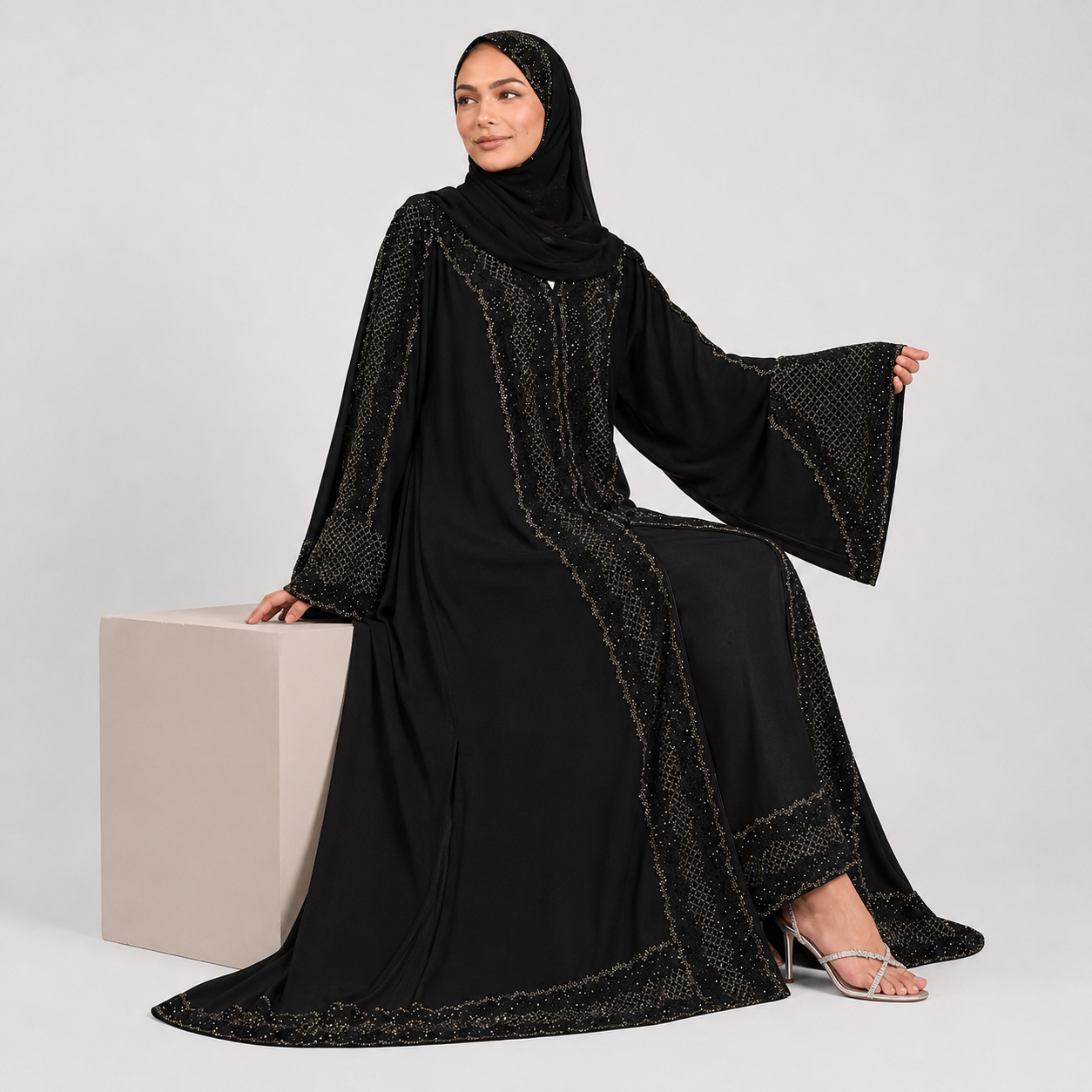 Luxury Dark Noir Embellished Open Abaya