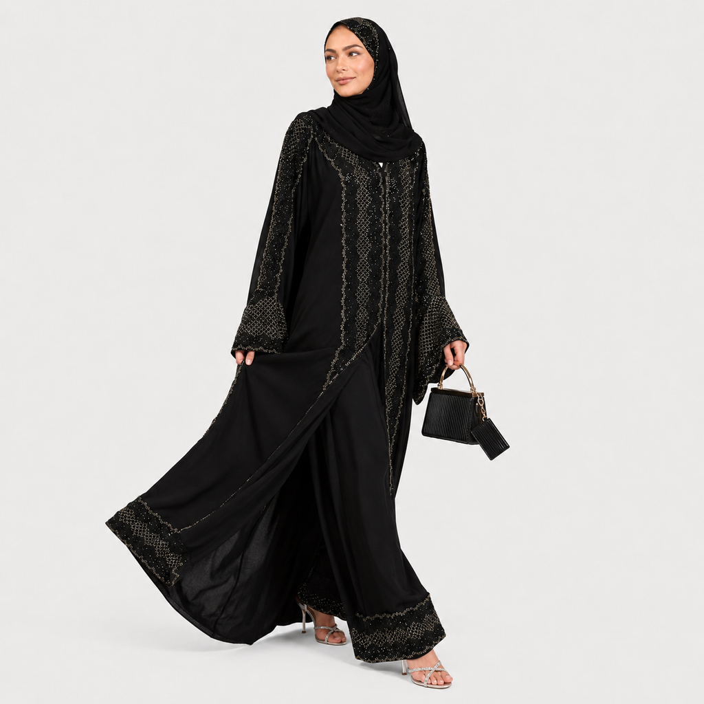 Luxury Dark Noir Embellished Open Abaya