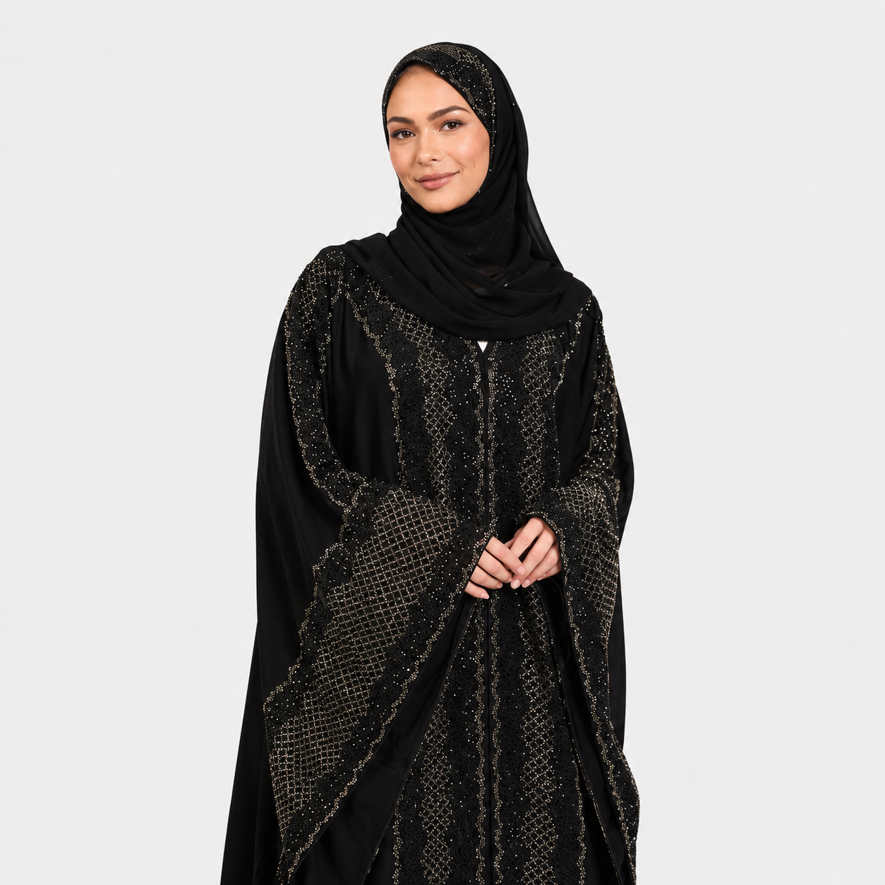 Luxury Dark Noir Embellished Open Abaya