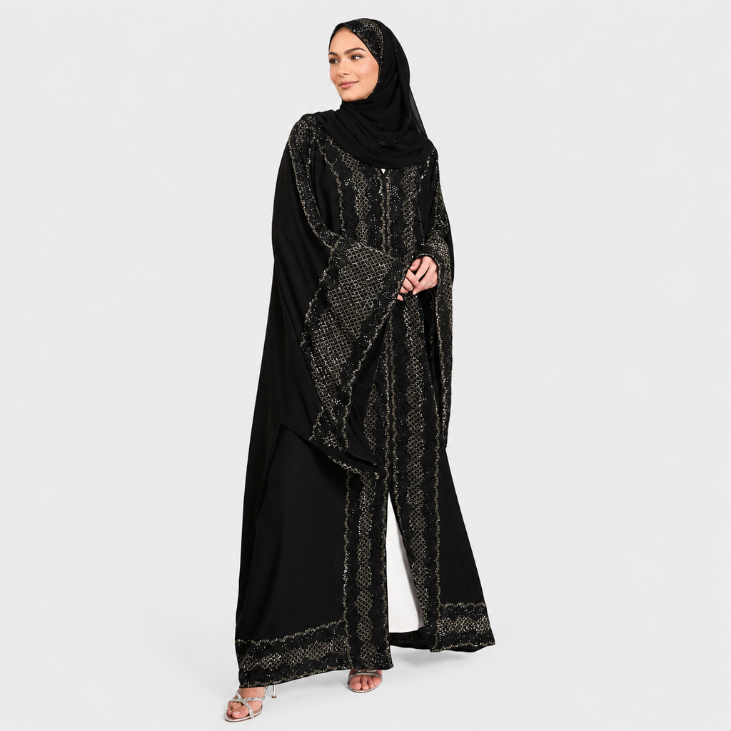 Luxury Dark Noir Embellished Open Abaya