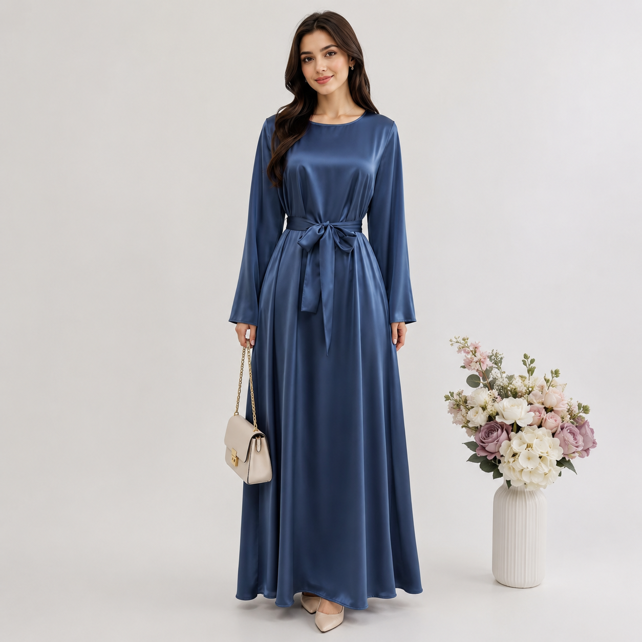 Fashion Silky Full-Length Flare Sleeve Soft Abaya Dress