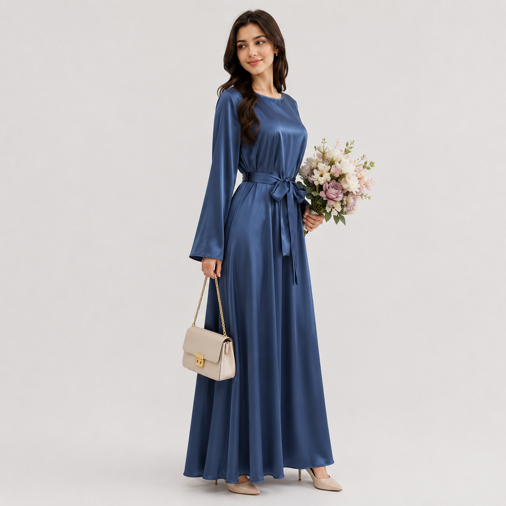 Fashion Silky Full-Length Flare Sleeve Soft Abaya Dress