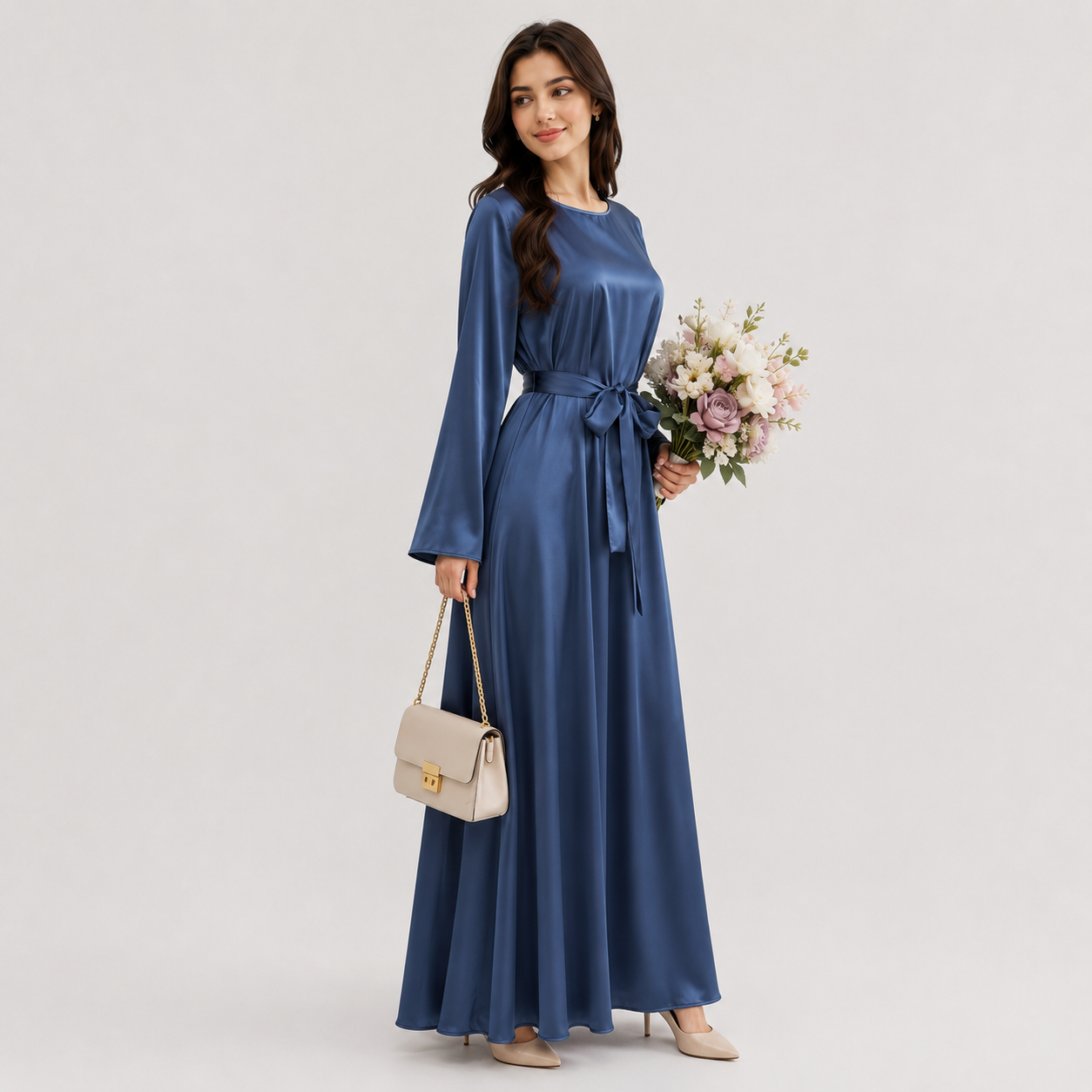 Fashion Silky Full-Length Flare Sleeve Soft Abaya Dress