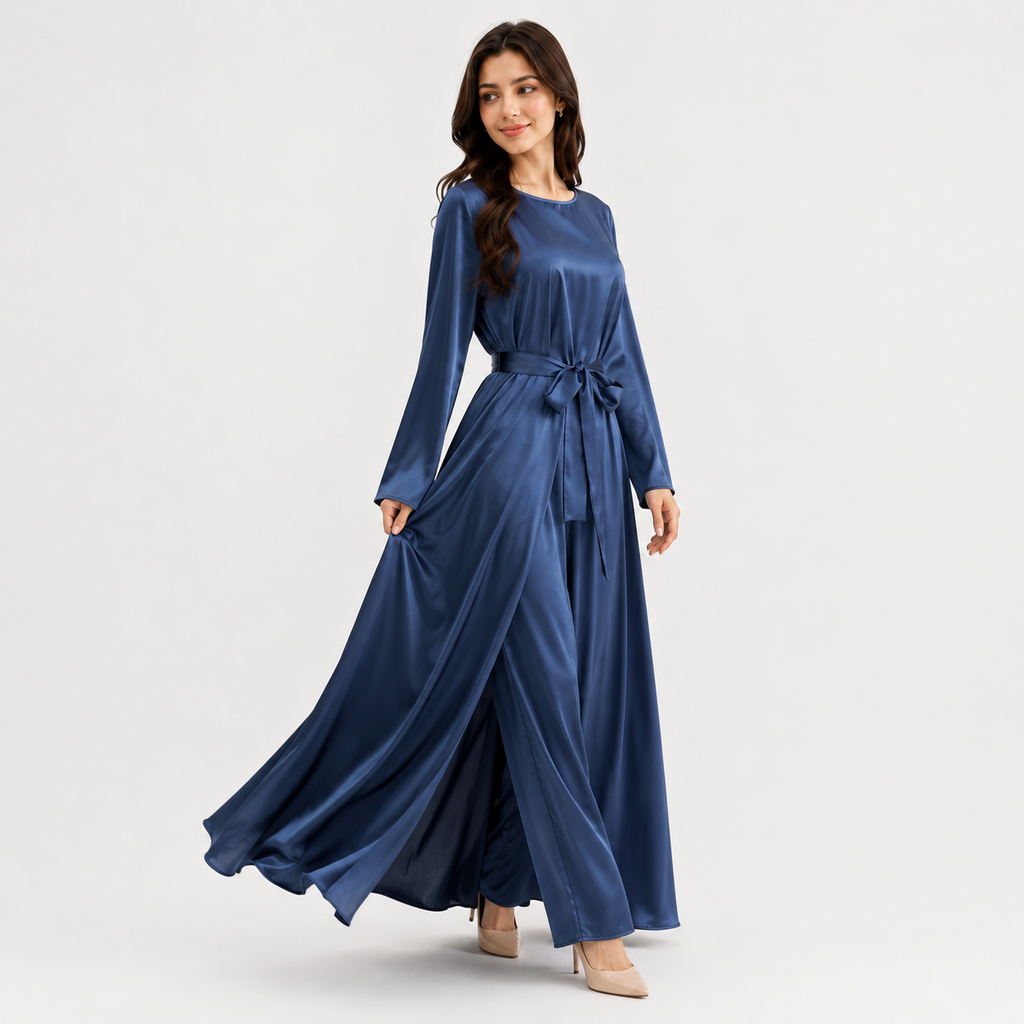 Fashion Silky Full-Length Flare Sleeve Soft Abaya Dress