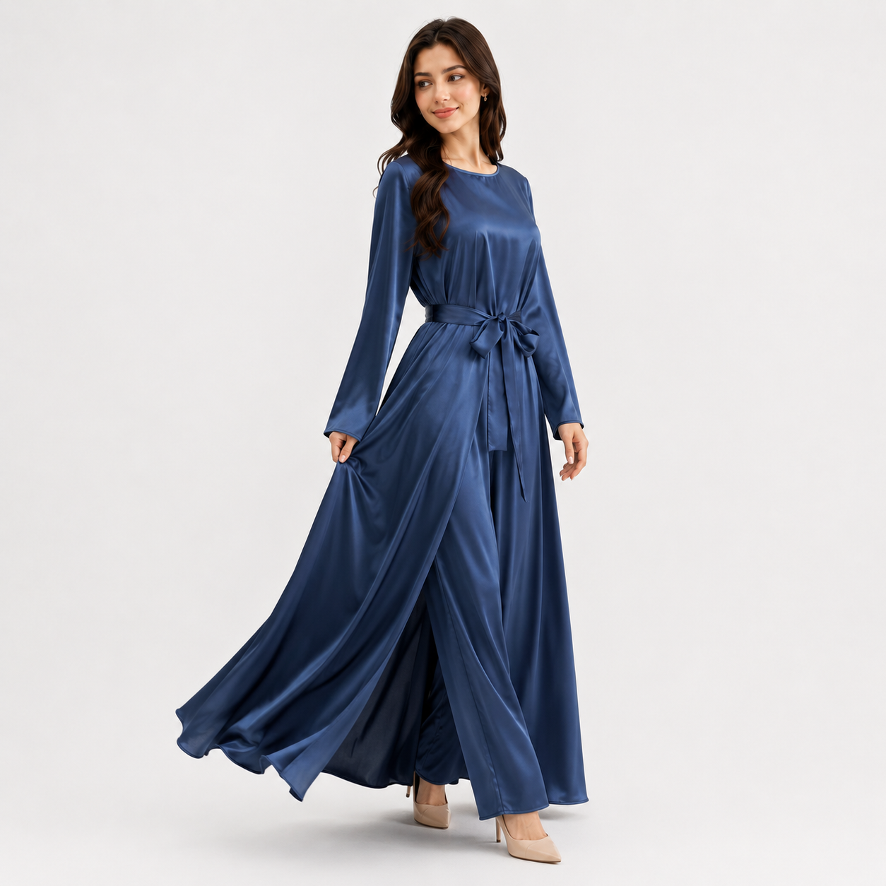 Fashion Silky Full-Length Flare Sleeve Soft Abaya Dress