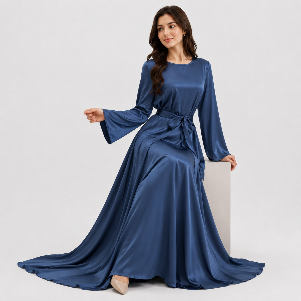 Fashion Silky Full-Length Flare Sleeve Soft Abaya Dress