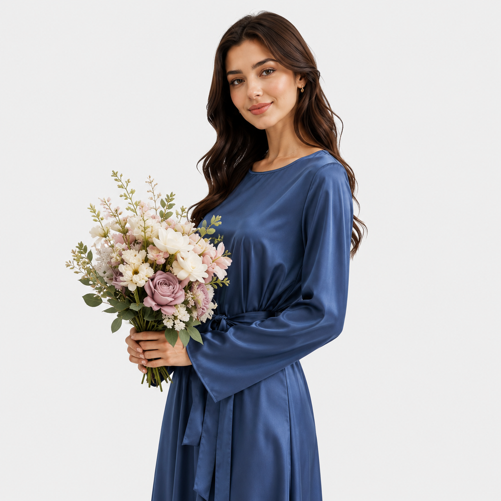 Fashion Silky Full-Length Flare Sleeve Soft Abaya Dress