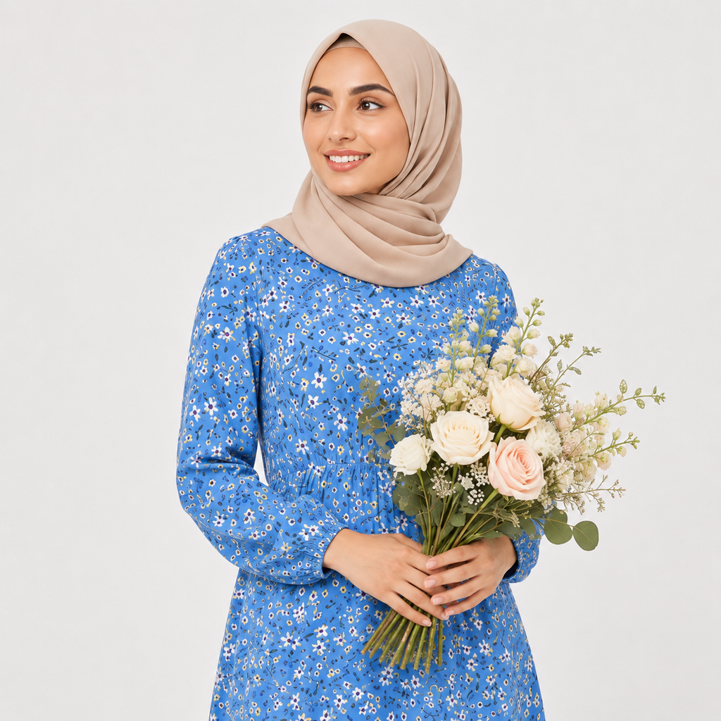 Woman wearing a blue floral dress and beige hijab holding a bouquet of flowers against a light gray background