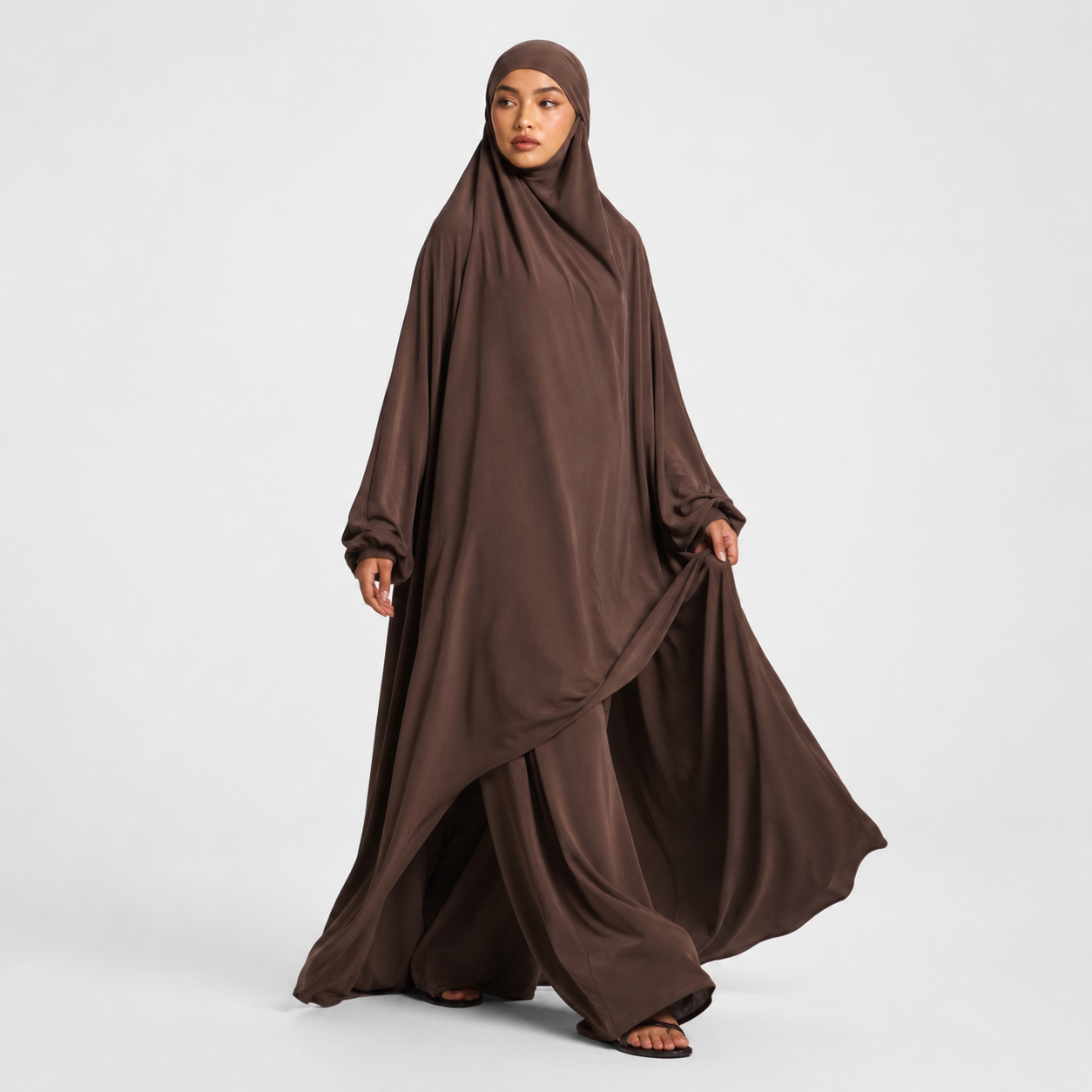 Coffee Jersey Prayer Set with Ultra-Wide Palazzo Pants