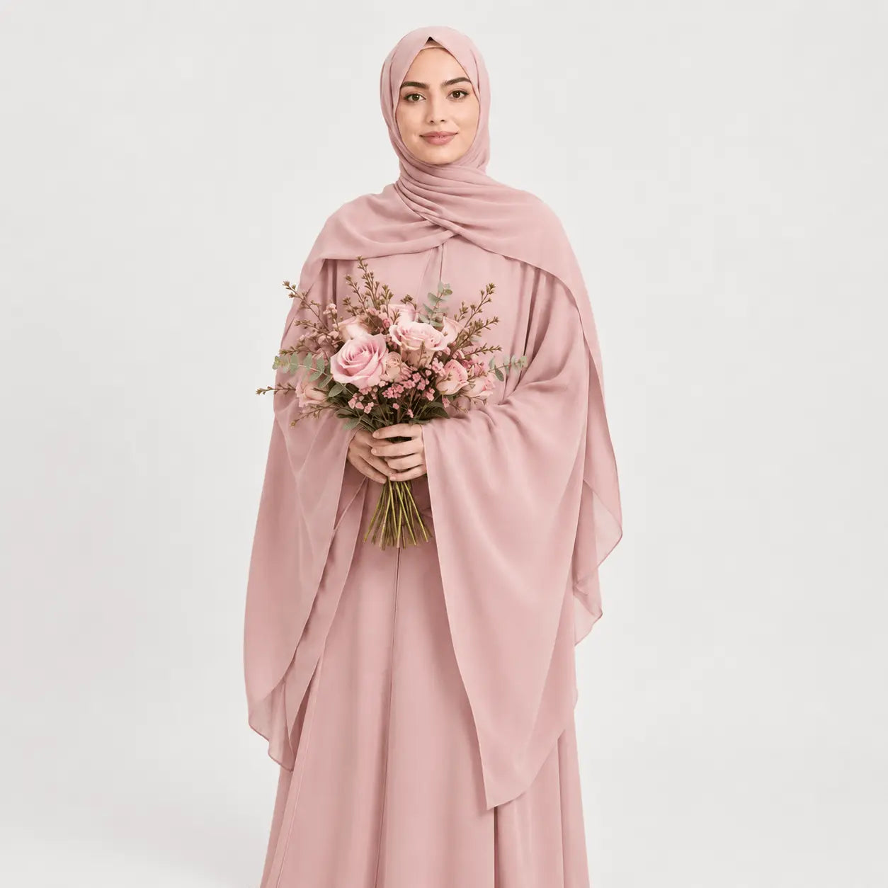 Woman in a pink hijab and dress holding a bouquet of flowers on a white background