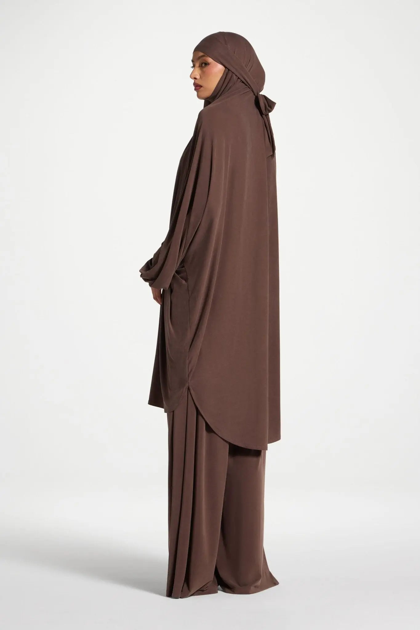 Coffee Jersey Prayer Set with Ultra-Wide Palazzo Pants - Mahara Atelier