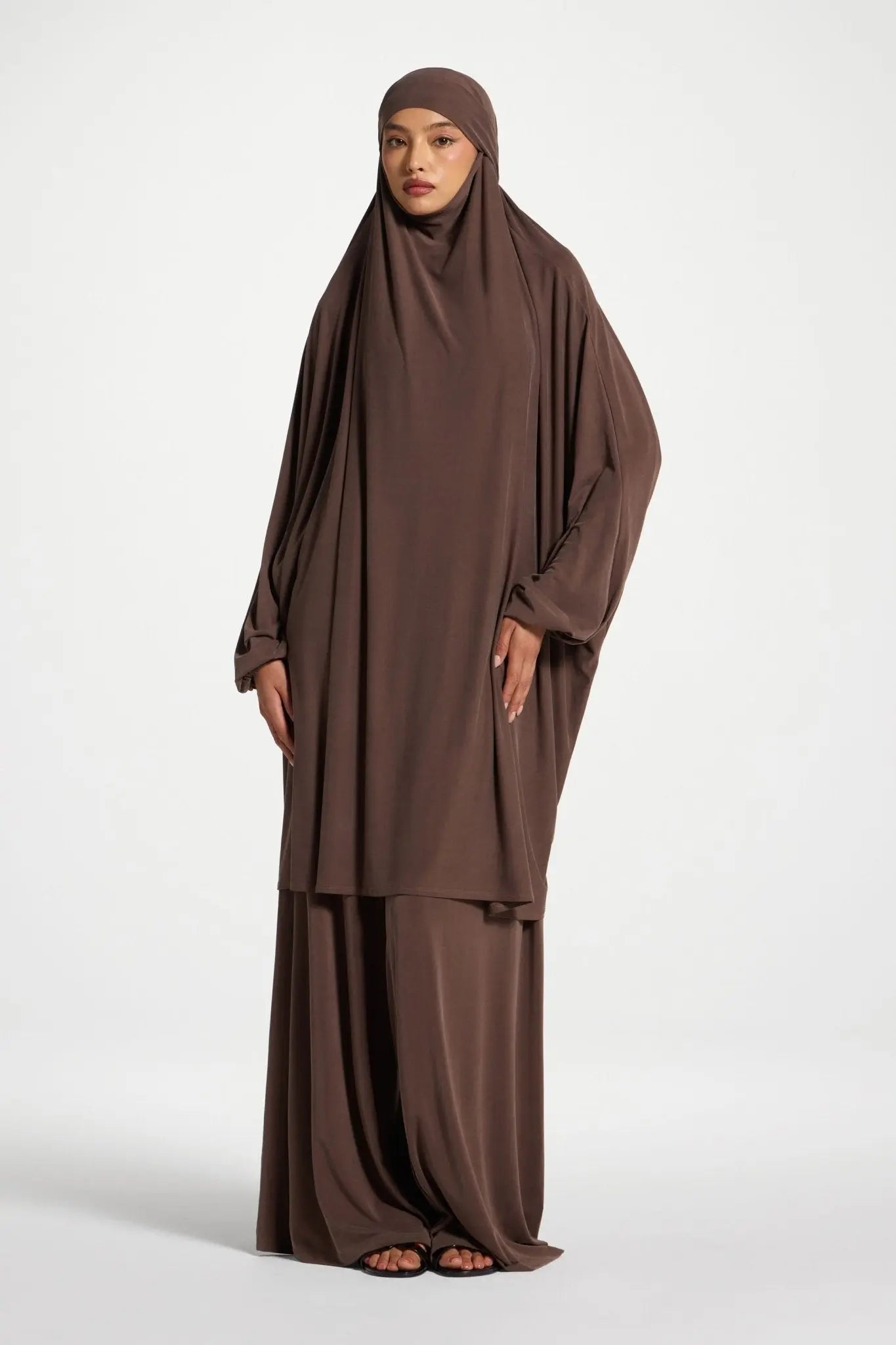 Coffee Jersey Prayer Set with Ultra-Wide Palazzo Pants - Mahara Atelier