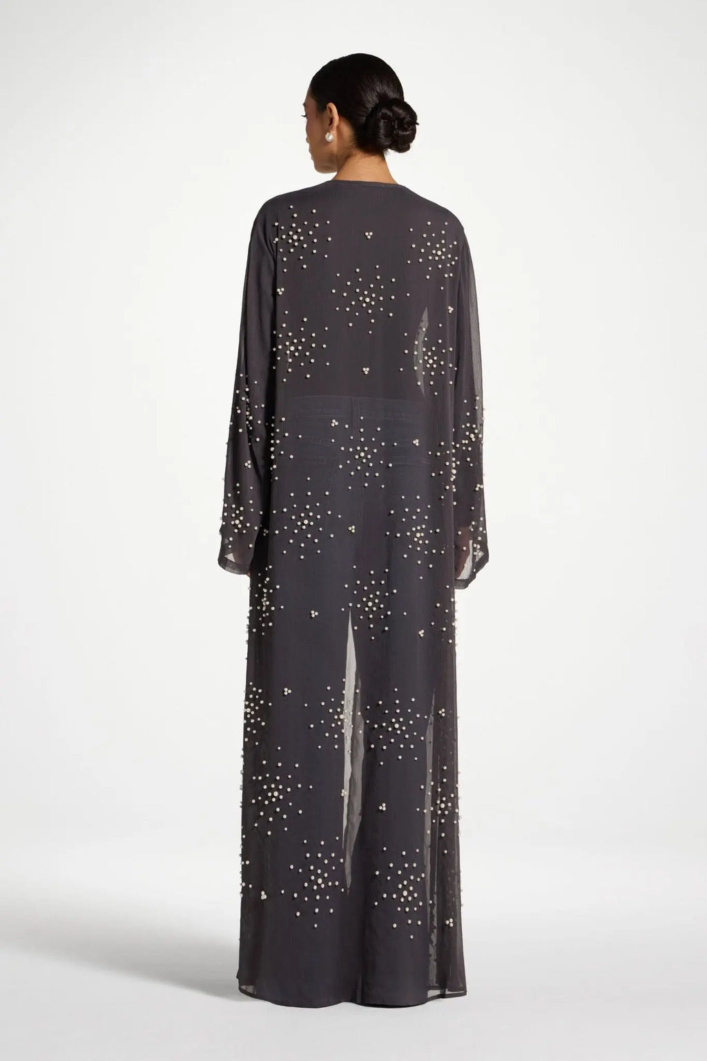 Dark Grey Embellished Open Abaya - Mahara Atelier