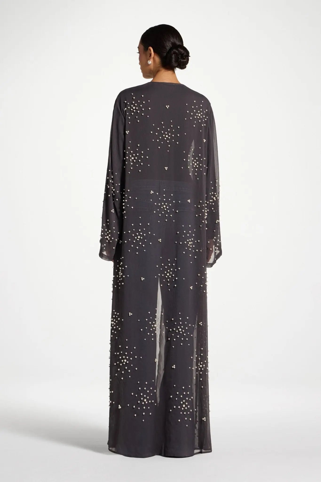 Dark Grey Embellished Open Abaya - Mahara Atelier