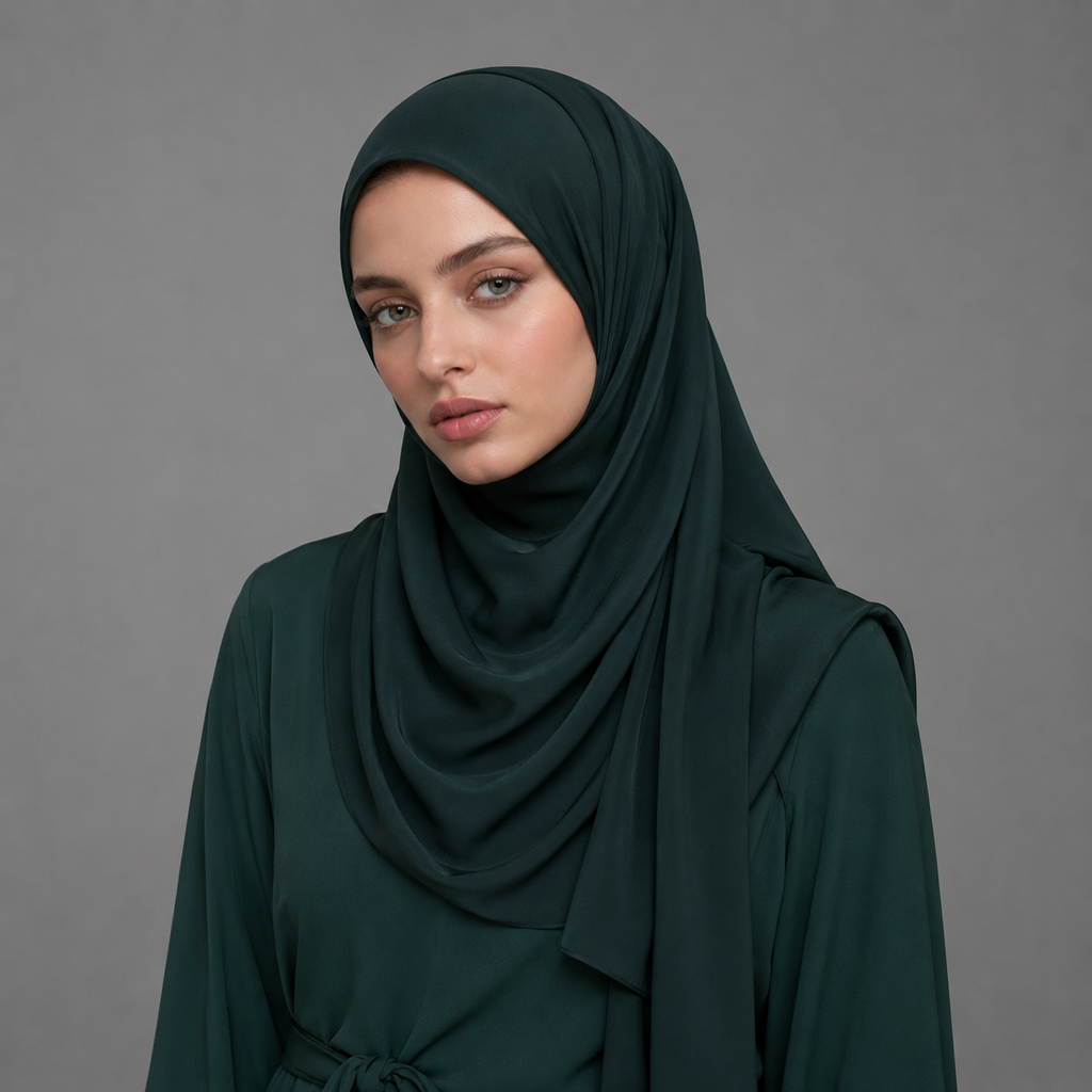 Woman wearing a dark green hijab against a gray background