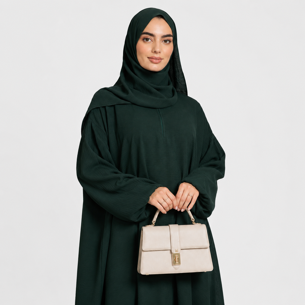 Closed Front Zip Abaya with Hijab – Dark Green