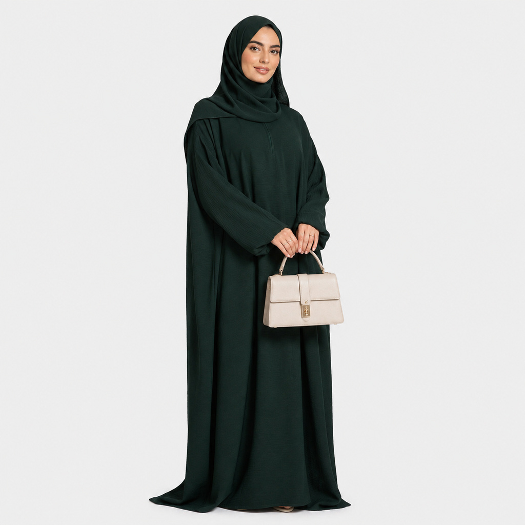 Closed Front Zip Abaya with Hijab – Dark Green