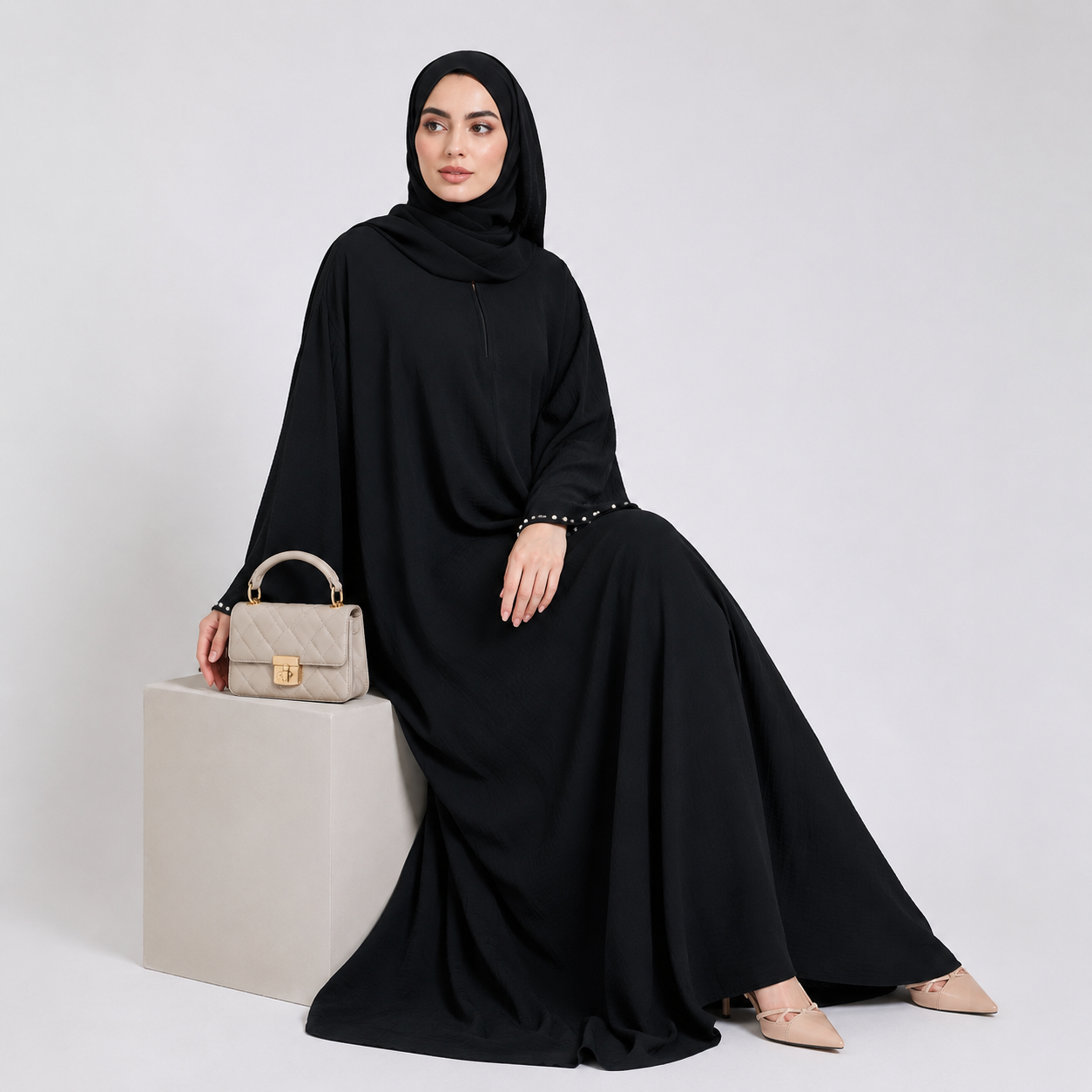 Closed Front Zip Abaya with Hijab – Dark Green