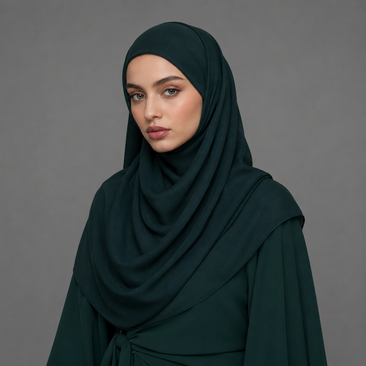 Woman wearing a dark green hijab against a gray background